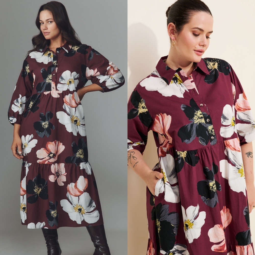 Anthropologie Maeve The Bettina Tiered Shirt Dress 2X Dark Wine Floral Midi